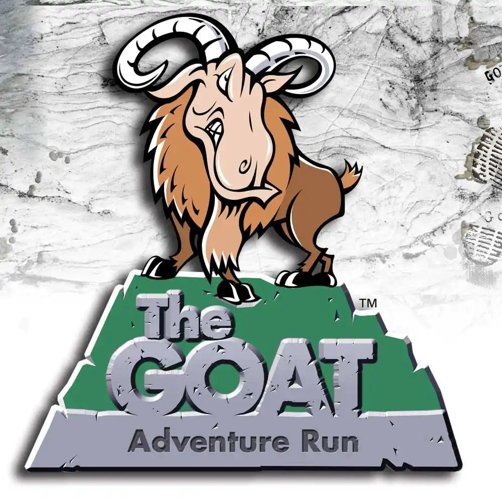 Cartoon goat adventure run logo.