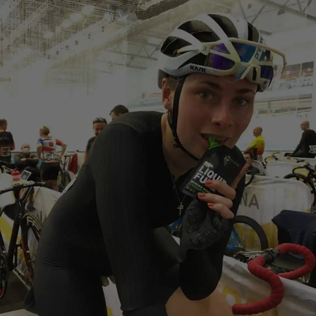 Cyclist drinking liquid fuel.