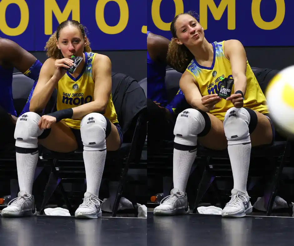 Female volleyball player on bench.